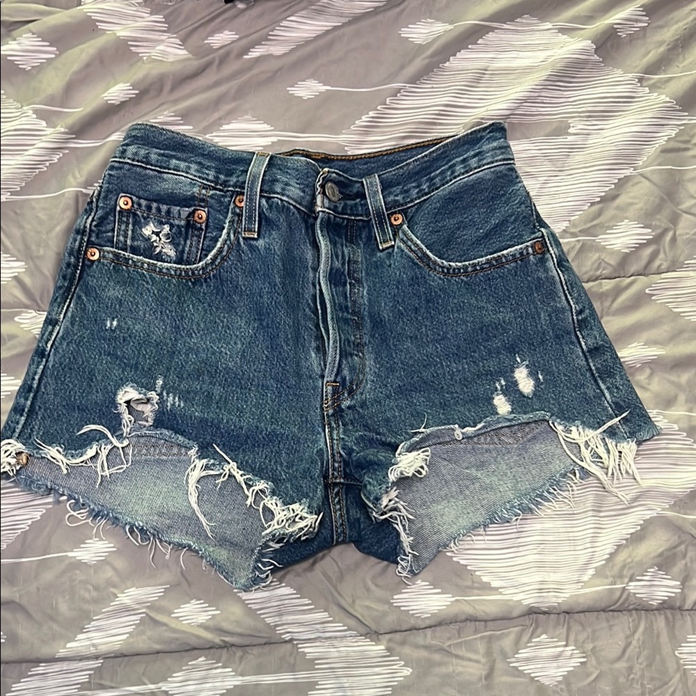 Levi's Blue High-Waisted Jean Shorts Distressed - size W25